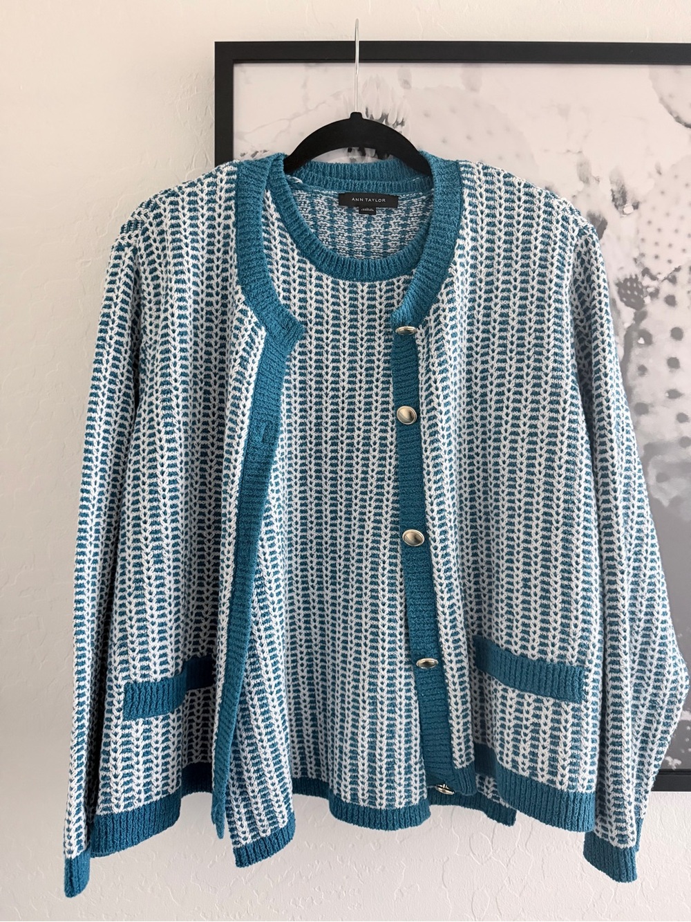 Ann Taylor Blue and White Textured Knit Cardigan Set - Picture 2 of 14